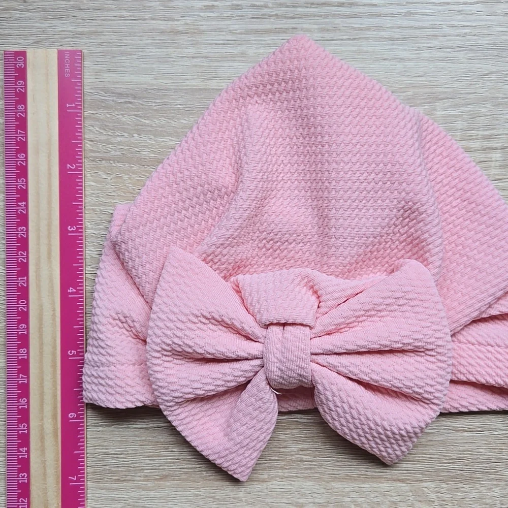 Baby Girl Pink Turban Hat Waffle Knit Big Bow Beanie Wrap Headband Sz 0-12M